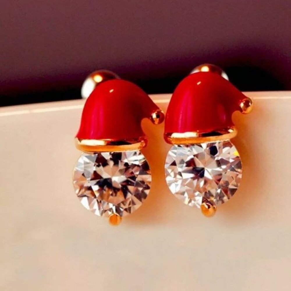 Christmas Santa Hat Crystal Stud Earrings Cute Festive Holiday Jewelry Gift
